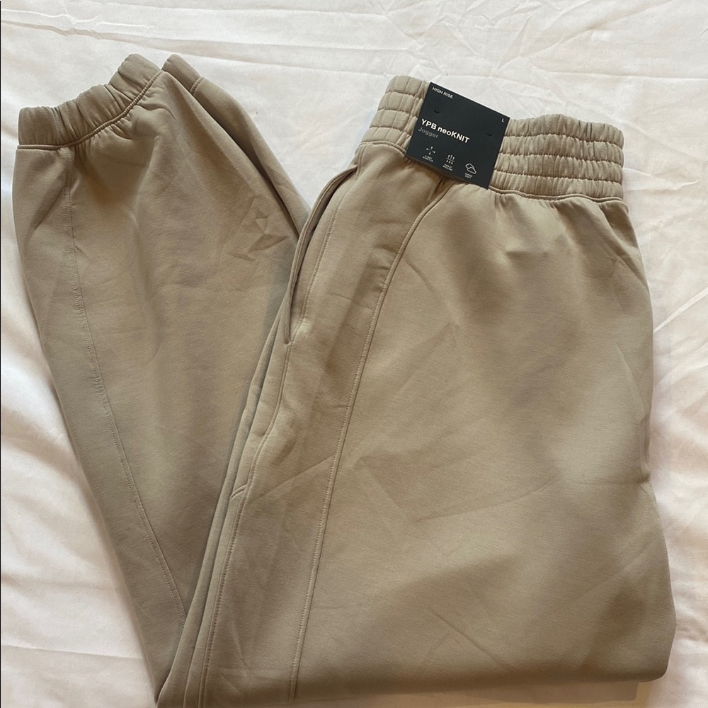 Tan Elastic Waistband Joggers with Cuffed Ankles